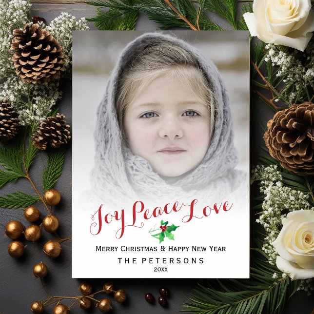 Christmas Script Joy Peace Love Holly Photo Holiday Card (Creator Uploaded)
