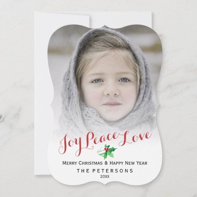 Christmas Script Joy Peace Love Holly Photo Holiday Card (Front)