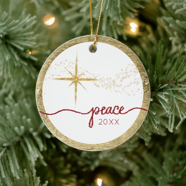Christmas Script Peace Star Gold Red Glitter Photo Ceramic Tree Decoration (Tree)