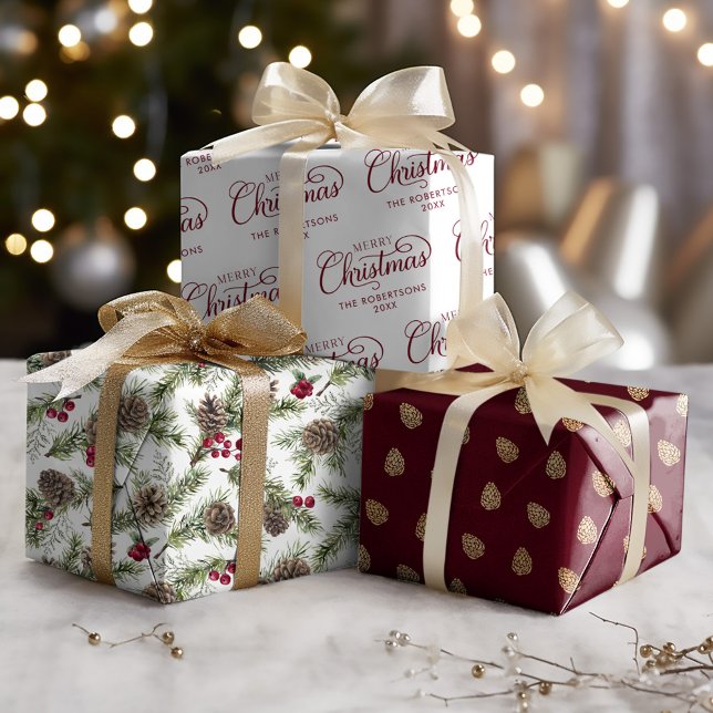 Christmas Script Rustic Pine Cones Personalised Wrapping Paper Sheet (Creator Uploaded)