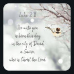 Christmas Scripture Luke 2:11 Winter Chickadee Square Sticker<br><div class="desc">Merry Christmas Scripture Luke 2:11 with Winter Frosty Tree Chickadee Bird</div>