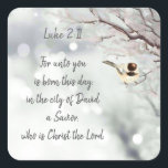 Christmas Scripture Luke 2:11 Winter Chickadee Square Sticker<br><div class="desc">Merry Christmas Scripture Luke 2:11 with Winter Frosty Tree Chickadee Bird</div>