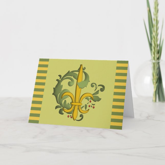 Christmas Scroll Fleur de lis Holiday Card (Front)