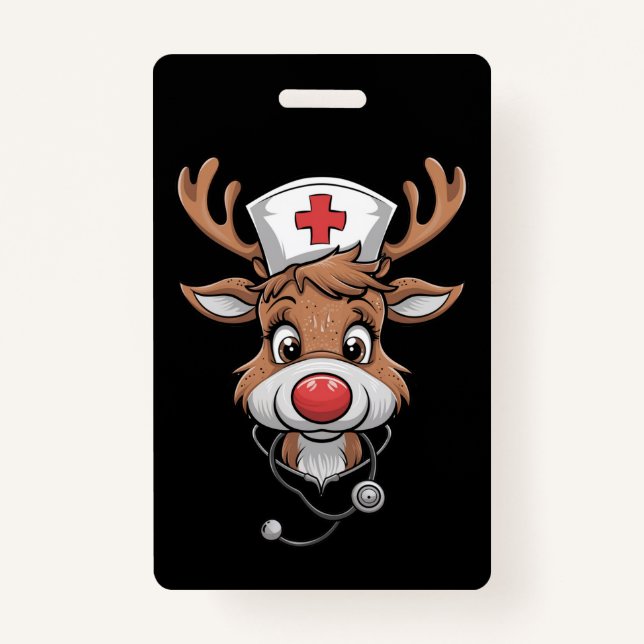 Christmas Scrub Top Reindeer Rubber Gloves Nurses ID Badge (Front)