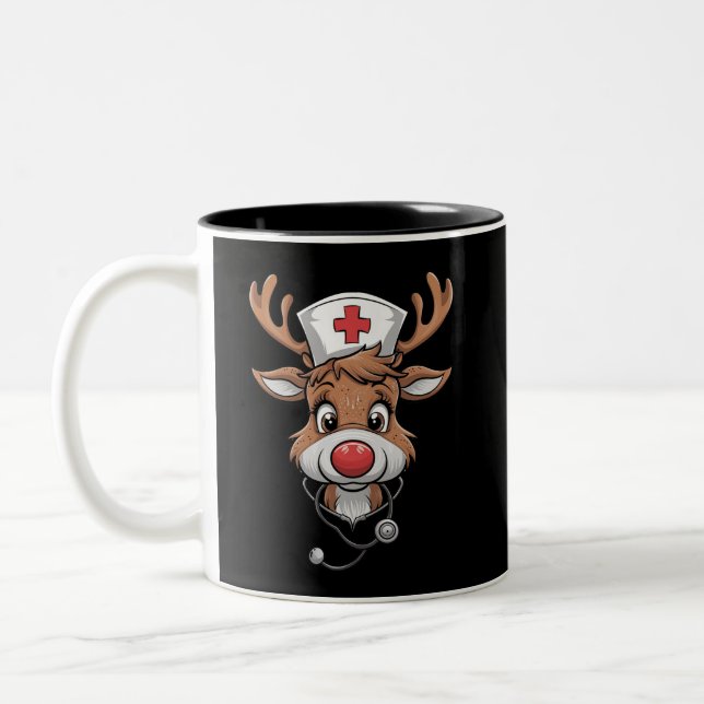 Christmas Scrub Top Reindeer Rubber Gloves Nurses Two-Tone Coffee Mug (Left)