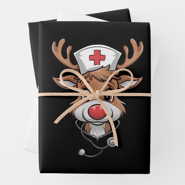 Christmas Scrub Top Reindeer Rubber Gloves Nurses Wrapping Paper Sheet (In situ)