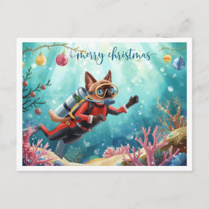Christmas Scuba Siamese Cat Under Holiday Postcard