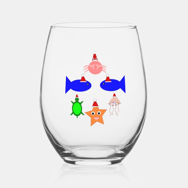 Christmas Sea Creatures Stemless Wine Glass (Front)
