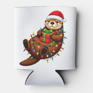 : Christmas Sea Otter Enhydra Lutris Santa Hat Can Cooler