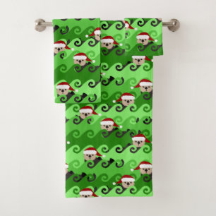 Christmas Sea Otters Green Waves Bath Towel Set