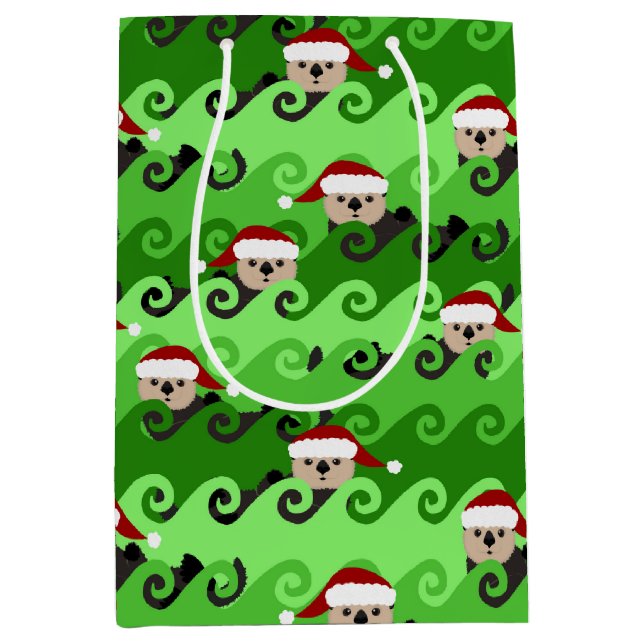 Christmas Sea Otters Green Waves Medium Gift Bag (Front)