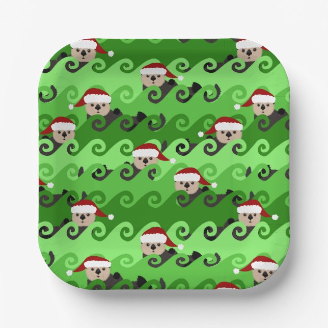 Christmas Sea Otters Green Waves Paper Plate (Front)