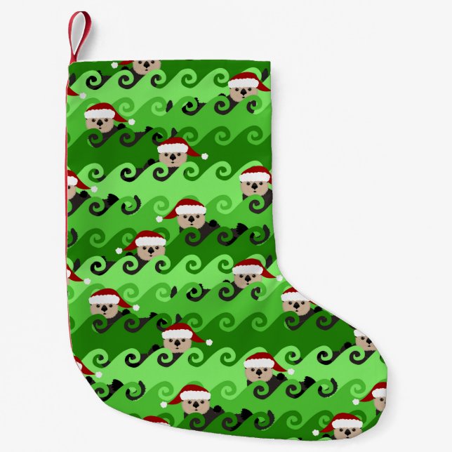 Christmas Sea Otters Green Waves Small Christmas Stocking (Front)