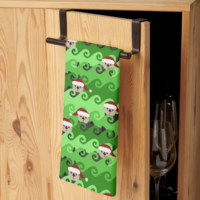 Christmas Sea Otters Green Waves Tea Towel (Thirds Fold)