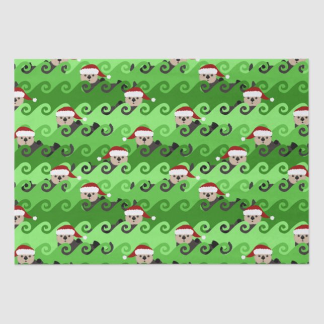 Christmas Sea Otters Green Waves Tissue Paper (Front)
