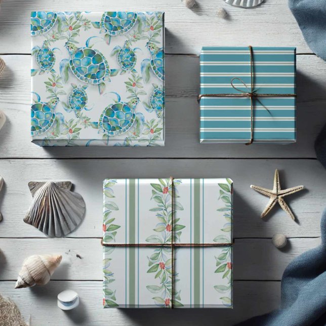 Christmas Sea Turtle & Botanical Leaves Watercolor Wrapping Paper Sheet (Beach Christmas wrapping paper watercolor sea turtle and botanical art by Victoria Grigaliunas)