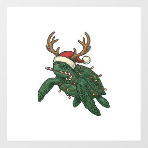 Christmas Sea Turtle Reindeer Vintage Engraving De Window Cling