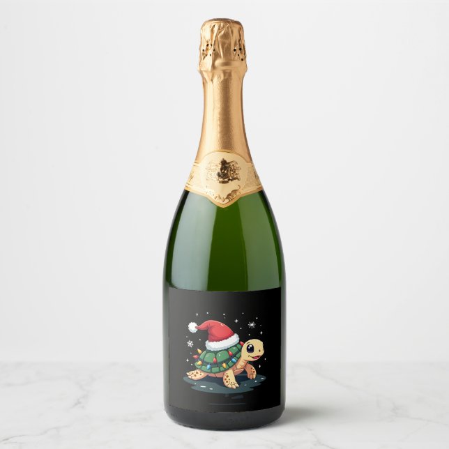 Christmas Sea Turtle Santa Xmas Men Women Boys Gir Sparkling Wine Label (Front)