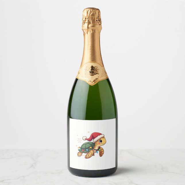 Christmas Sea Turtle Santa Xmas Men Women Boys Gir Sparkling Wine Label (Front)