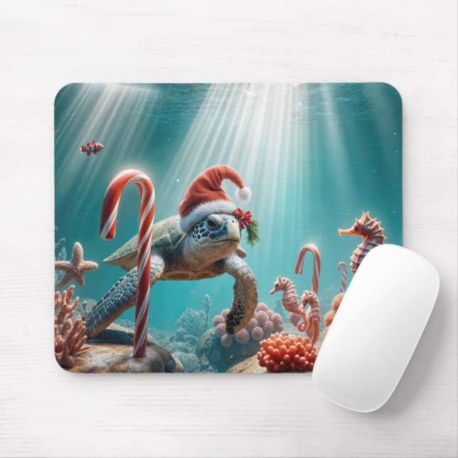 Christmas Sea Turtle With Candy Canes Mouse Mat (With Mouse)