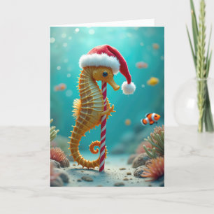 Christmas Seahorse With Candy Cane Holiday Card