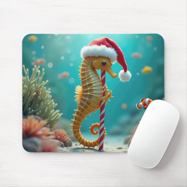 Christmas Seahorse With Candy Cane Mouse Mat (With Mouse)