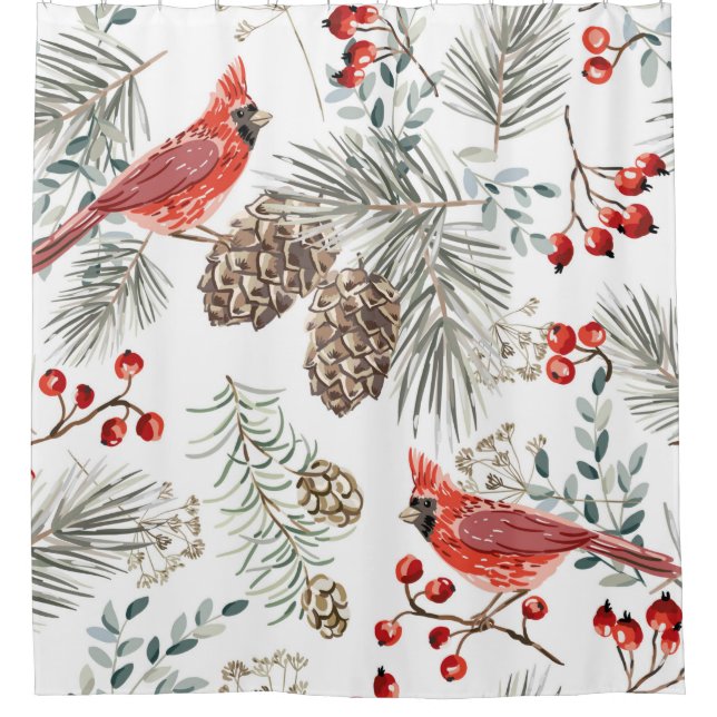Christmas seamless pattern, cardinal birds, red be shower curtain (Front)