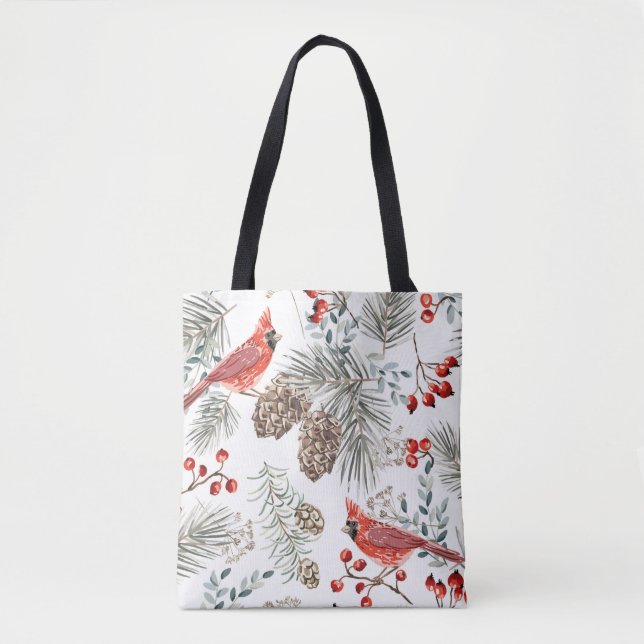 Christmas seamless pattern, cardinal birds, red be tote bag (Front)