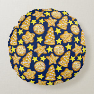 Christmas seamless pattern of sweets and yellow st round cushion