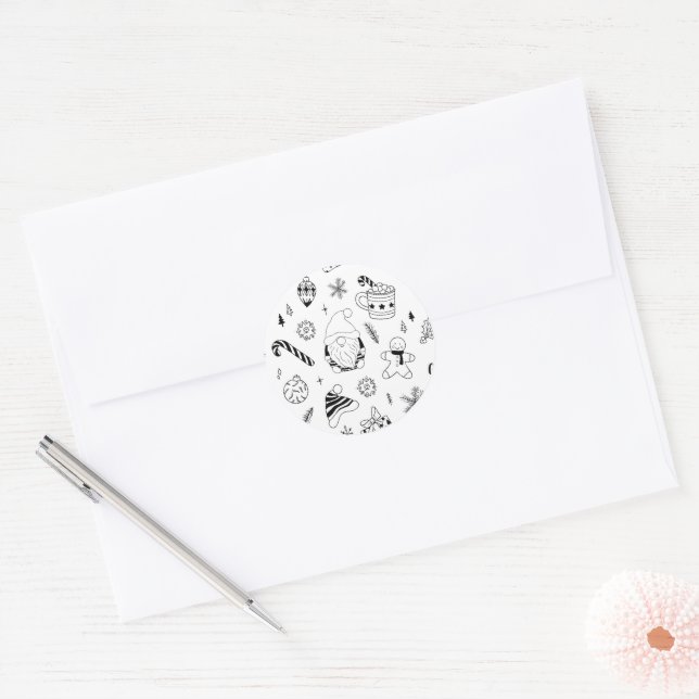 Christmas seamless pattern outline  classic round sticker (Envelope)