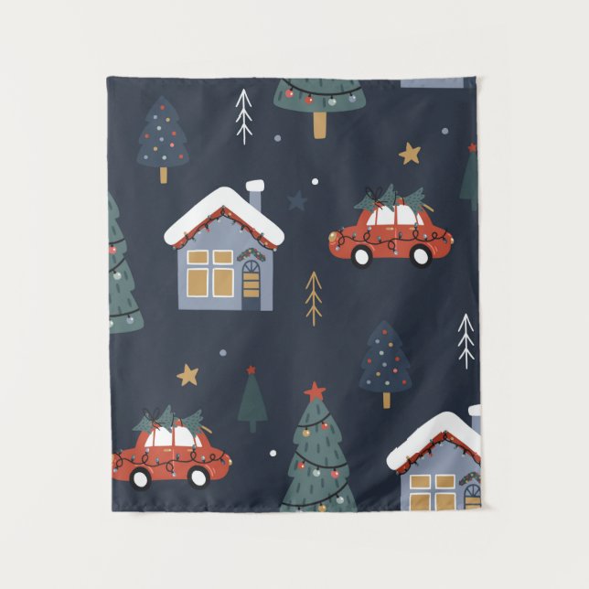 Christmas seamless pattern with christmas tree,car tapestry (Front)