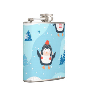 christmas seamless pattern with penguin hip flask