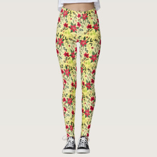 Christmas Seamless Pattern with Red Flowers Leggings