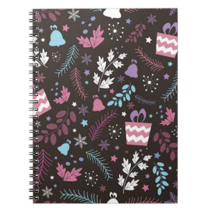 Christmas seamless pattern with tree, snow, gift notebook