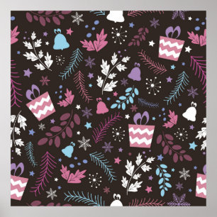 Christmas seamless pattern with tree, snow, gift poster