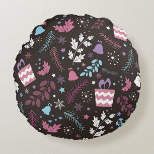 Christmas seamless pattern with tree, snow, gift round cushion