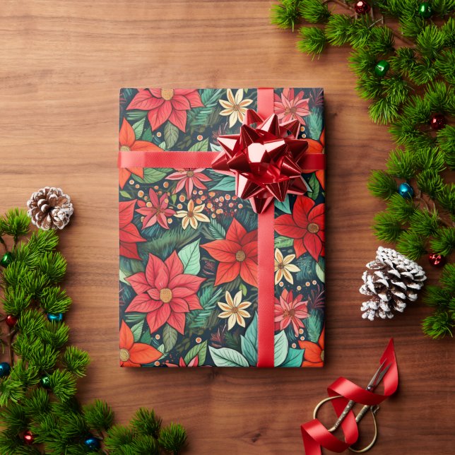 Christmas Season Boho Poinsettia Design Wrapping Paper (Holiday Gift)