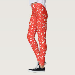 Christmas Season Deer Snowflakes Red Leggings