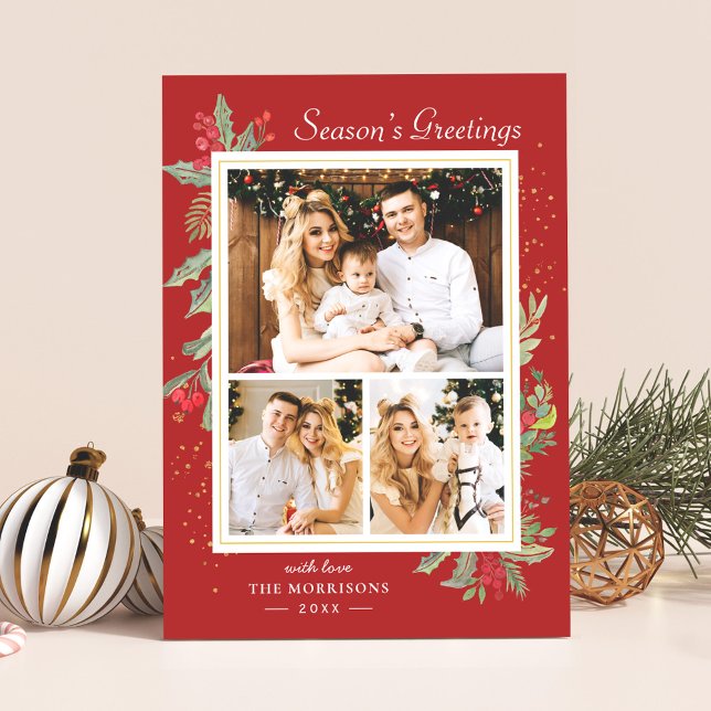 Christmas Season’s Greetings Holly Berries 3 Photo Holiday Card (Creator Uploaded)