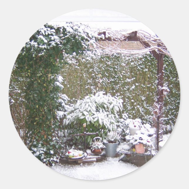 Christmas Season, Snow in the garden Classic Round Sticker (Front)