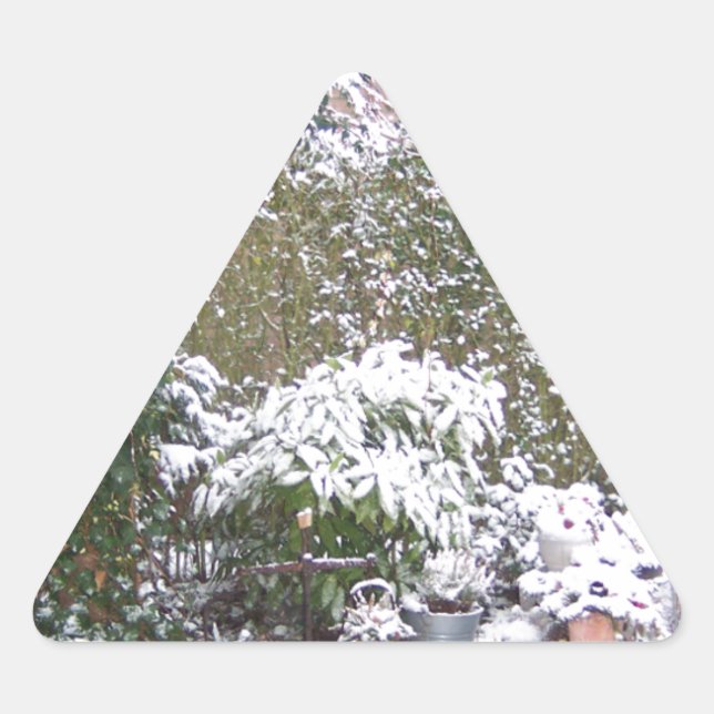 Christmas Season, Snow in the garden Triangle Sticker (Front)
