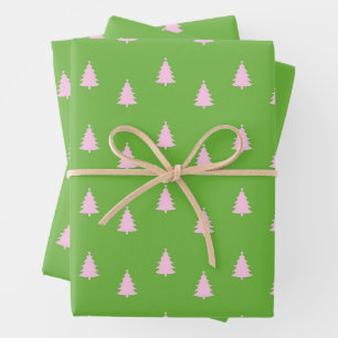 Christmas Season Trees Green Pink Wrapping Paper Sheet