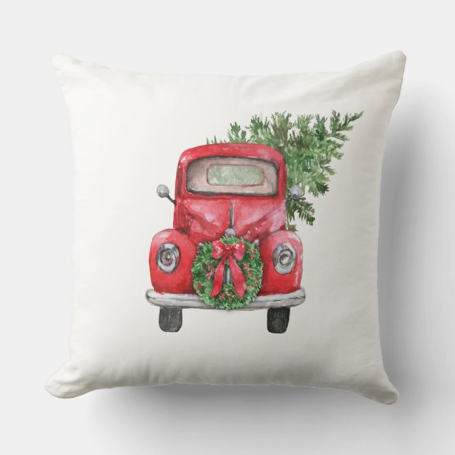Christmas Season Vintage Red Truck With Tree Cushion (Front)