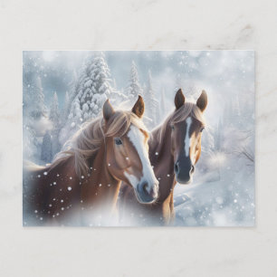 Christmas Seasons Greetings Horses Snow Holiday Postcard
