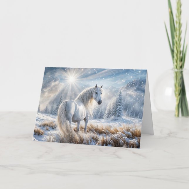Christmas Seasons Greetings Pretty White Stallion  Holiday Card (Front)