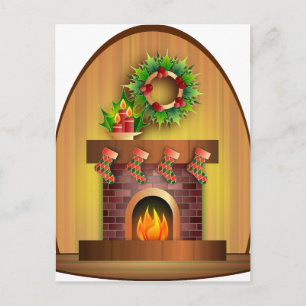 Christmas Seasons Greetings Stockings Fireplace Holiday Postcard