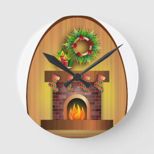 Christmas Seasons Greetings Stockings Fireplace Round Clock
