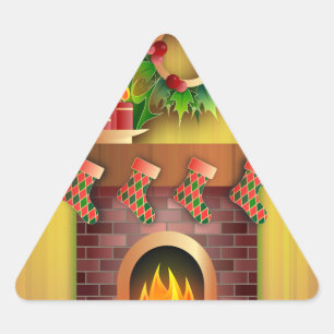 Christmas Seasons Greetings Stockings Fireplace Triangle Sticker
