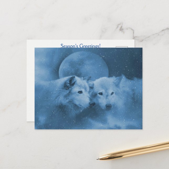 Christmas Seasons Greetings with Wolves Moon Postcard (Front/Back In Situ)