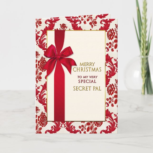 Christmas- Secret Pal -Gift Red Ribbon Holiday Card (Front)